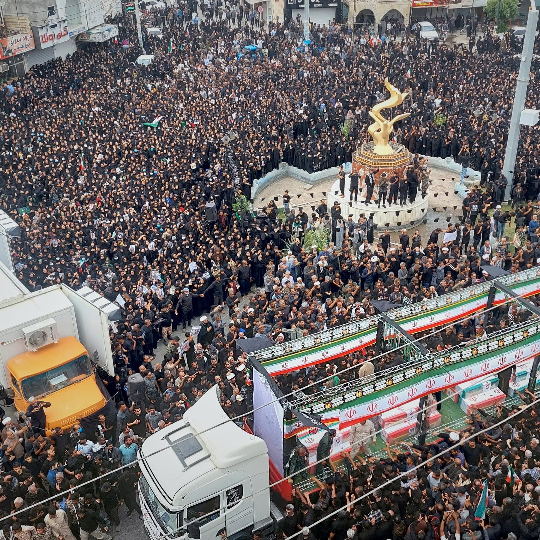 A high-contrast, black and white illustration in a gritty, noir style. In the foreground, a single, dusty child's shoe and a torn notebook lie on cracked pavement. In the background, a massive, faceless crowd of thousands is silhouetted against a grey, smoky sky, standing around freshly dug earth. The atmosphere is heavy, oppressive, and filled with despair.