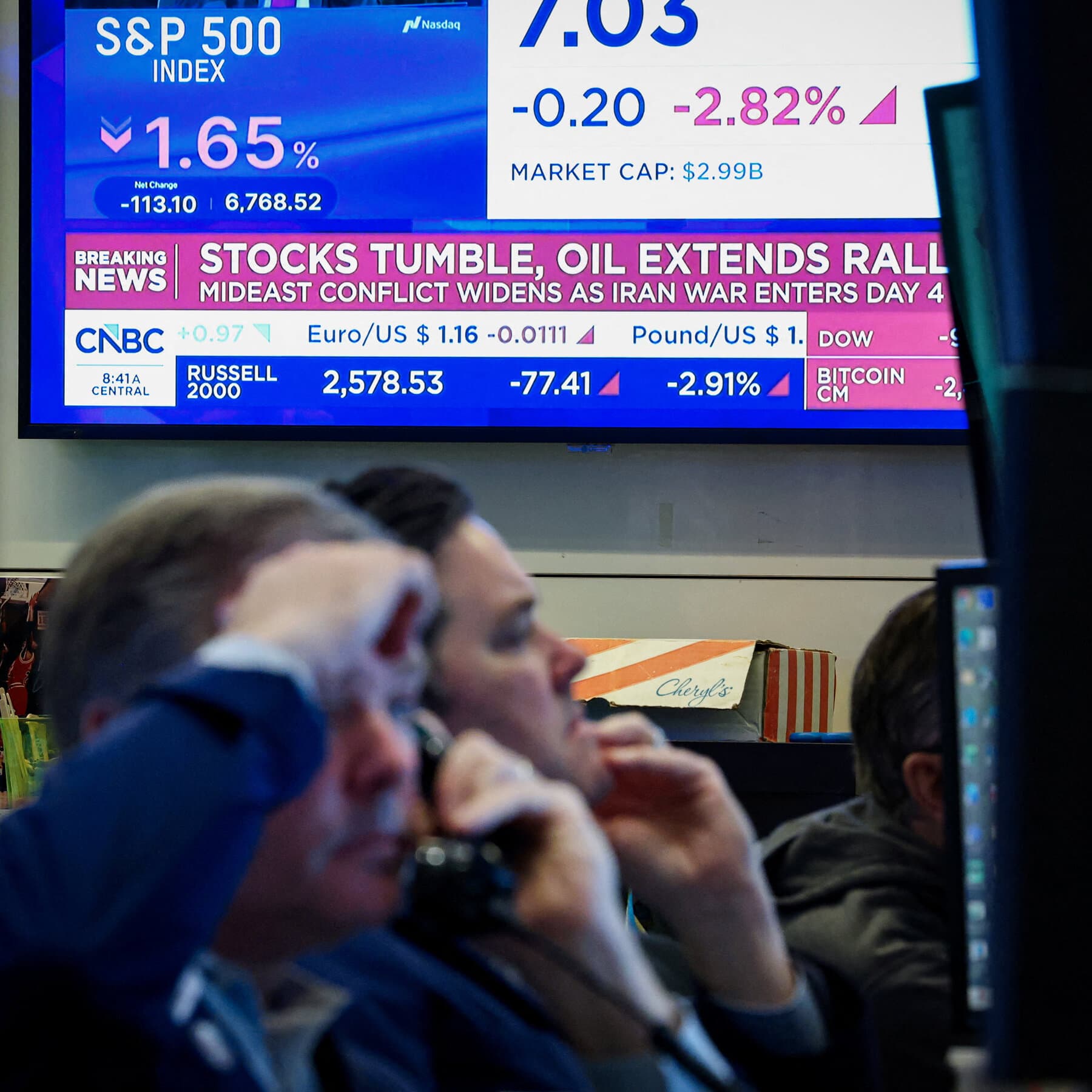 A gritty, abstract illustration of a classic stock market ticker line crashing downwards, turning into a jagged, bleeding crack in the pavement. In the background, vague silhouettes of men in suits are running away in a panic, their figures blurred and distorted. The color palette should be dark greys, deep reds, and sickly greens. The style should be rough, cynical, and messy, like a street art mural.