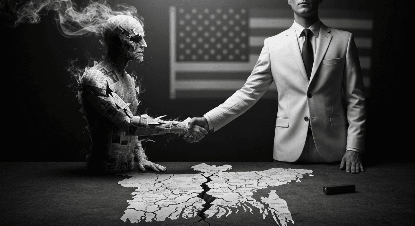 A surreal, high-contrast black and white editorial illustration. In the center, a pristine, crisp American business suit is shaking hands with a shadowy, jagged figure made of smoke and old newspapers. The handshake is taking place over a table that is actually a map of Bangladesh, which is cracking down the middle. In the background, a blurred American flag is upside down. The lighting is harsh, noir-style, emphasizing the grime and the cynical nature of the transaction.