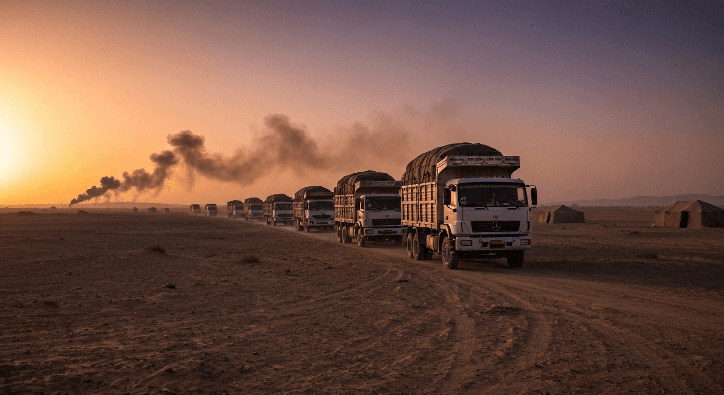 A gritty, hyper-realistic wide shot of a dusty military convoy of heavy trucks transporting caged structures across a desolate, sun-scorched Syrian desert landscape at sunset. The lighting is harsh and dramatic, casting long shadows. In the background, smoke rises from a distant city. The atmosphere is bleak, cynical, and heavy with the weight of futility.