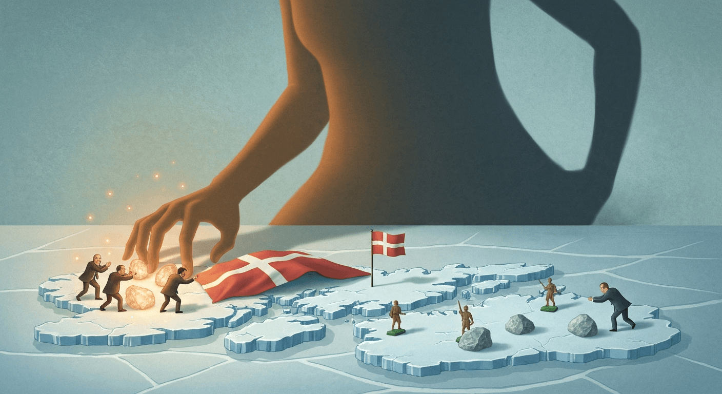 A satirical political cartoon style illustration in muted, cold colors. In the foreground, a giant, orange-tinted shadow looms over a map of Greenland made of ice. Tiny, distressed European diplomats in suits are frantically trying to cover the island with a small Danish flag, while the shadow's hand reaches for glowing rare earth rocks and toy soldiers placed on the ice. The atmosphere is tense and absurd.