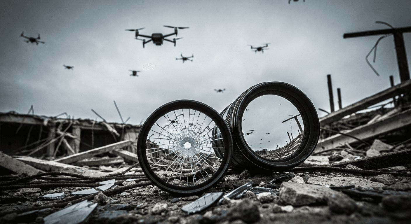 A shattered camera lens lying in dusty rubble, reflecting a distorted view of a gray, drone-filled sky, high contrast, gritty photojournalism style, noir atmosphere