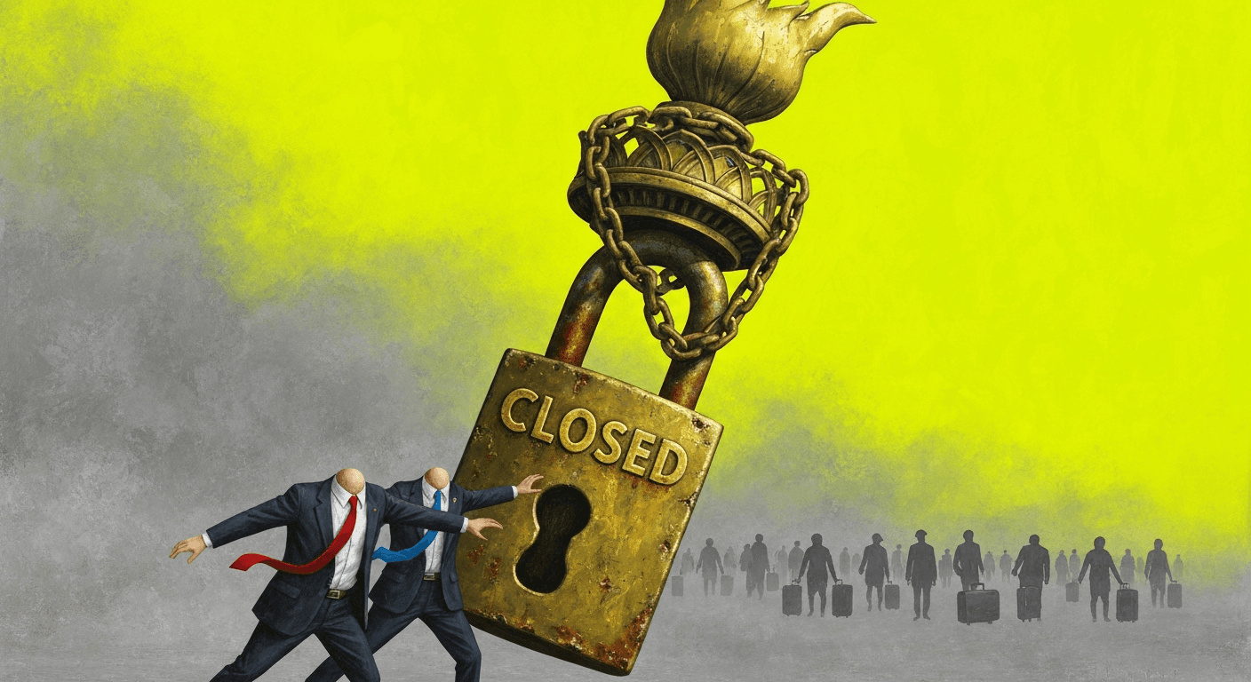 A gritty, satirical oil painting in the style of Ralph Steadman. A giant, rusted golden 'CLOSED' sign is chained across the Statue of Liberty's torch. In the foreground, two faceless politicians in suits—one with a red tie and one with a blue tie—are fighting over a massive, oversized padlock while a crowd of people with suitcases fades into gray mist in the background. The sky is a sickly, neon yellow.