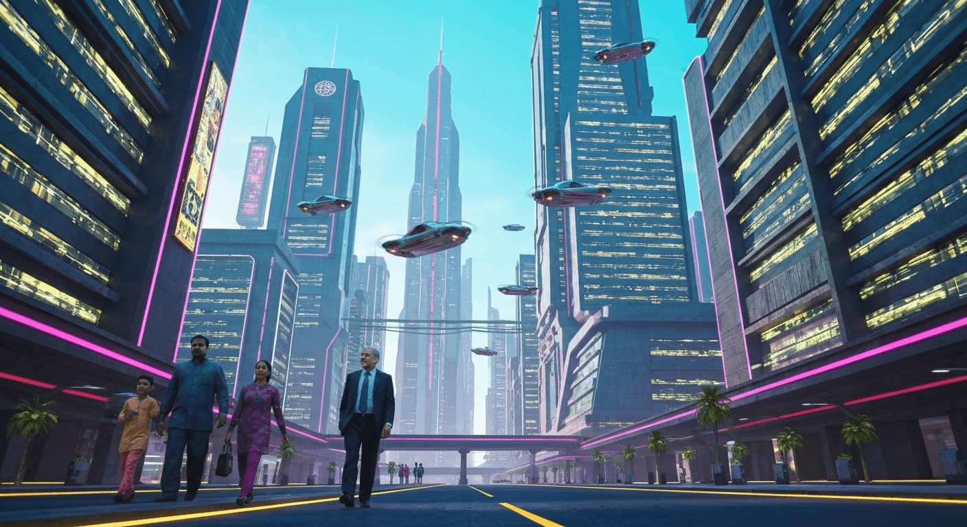 A satirical, hyper-realistic architectural rendering of Gaza transformed into a sterile, futuristic luxury resort with glass skyscrapers and golden Trump-style logos, but the buildings are surrealistically floating over a pile of grey rubble. In the foreground, a translucent, perfectly groomed man in a suit looks at the scene through a gold-framed VR headset.