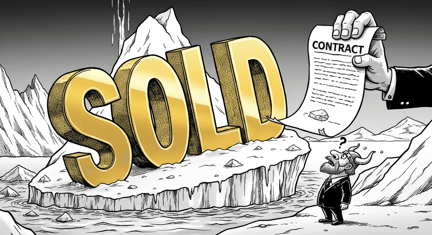 A satirical political cartoon style image depicting a massive, gold-plated 'SOLD' sign slammed into a melting iceberg in Greenland, with a small, confused Viking looking at a contract held by a giant hand in a suit, jagged icy landscape, gloomy atmosphere.